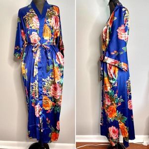 Long Blue Floral Robe Pockets Belt Kimono Sleeves Loungewear